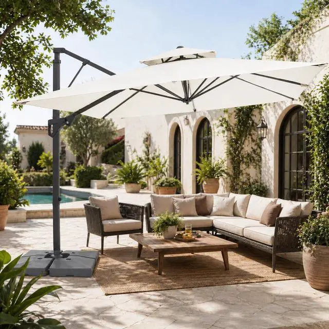 Alt view image 2 of 7 - JEAREY 9x9 ft 2-Tier Cantilever Patio Umbrella, Outdoor Offset Umbrella | Large Square Outdoor Offset Umbrella with Double Top Vent and 360-degree Rotation for Garden, Deck, Pool, Patio, Cream White