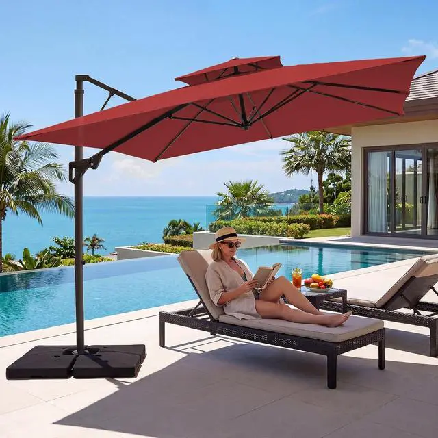 Alt view image 2 of 7 - JEAREY 12x12 ft 2-Tier Cantilever Patio Umbrella, Outdoor Offset Umbrella | Large Square Outdoor Offset Umbrella with Double Top Vent and 360-degree Rotation for Garden, Deck, Pool, Patio, Red