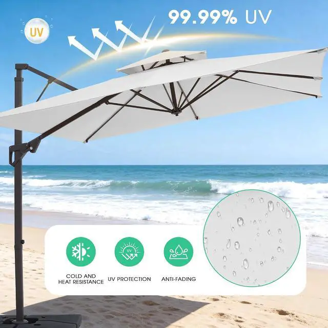 Alt view image 5 of 7 - JEAREY 11x11 ft 2-Tier Cantilever Patio Umbrella, Outdoor Offset Umbrella | Large Square Outdoor Offset Umbrella with Double Top Vent and 360-degree Rotation for Garden, Deck, Pool, Patio, Cream White