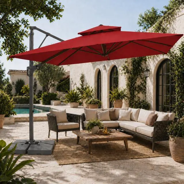 Alt view image 2 of 7 - JEAREY 9x9 ft 2-Tier Cantilever Patio Umbrella, Outdoor Offset Umbrella | Large Square Outdoor Offset Umbrella with Double Top Vent and 360-degree Rotation for Garden, Deck, Pool, Patio, Red