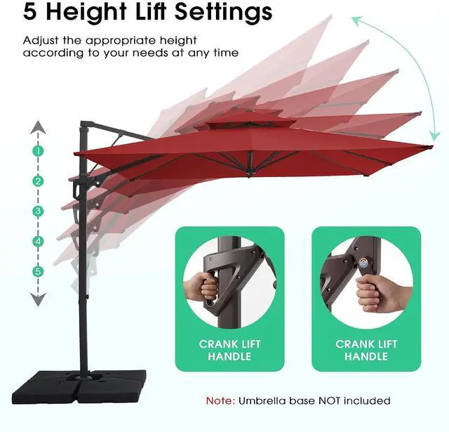 Alt view image 3 of 7 - JEAREY 12x12 ft 2-Tier Cantilever Patio Umbrella, Outdoor Offset Umbrella | Large Square Outdoor Offset Umbrella with Double Top Vent and 360-degree Rotation for Garden, Deck, Pool, Patio, Red