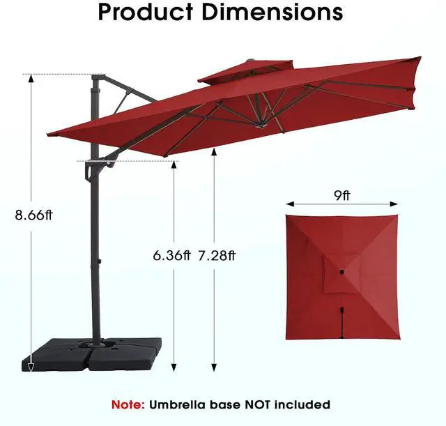 Alt view image 5 of 7 - JEAREY 9x9 ft 2-Tier Cantilever Patio Umbrella, Outdoor Offset Umbrella | Large Square Outdoor Offset Umbrella with Double Top Vent and 360-degree Rotation for Garden, Deck, Pool, Patio, Red