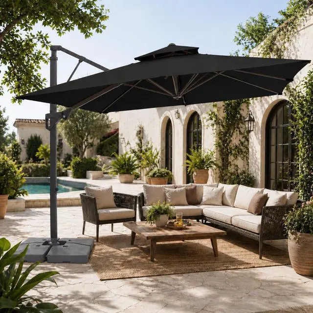 Alt view image 2 of 7 - JEAREY 9x9 ft 2-Tier Cantilever Patio Umbrella, Outdoor Offset Umbrella | Large Square Outdoor Offset Umbrella with Double Top Vent and 360-degree Rotation for Garden, Deck, Pool, Patio, Black