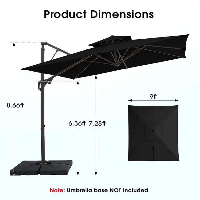 Alt view image 3 of 7 - JEAREY 9x9 ft 2-Tier Cantilever Patio Umbrella, Outdoor Offset Umbrella | Large Square Outdoor Offset Umbrella with Double Top Vent and 360-degree Rotation for Garden, Deck, Pool, Patio, Black