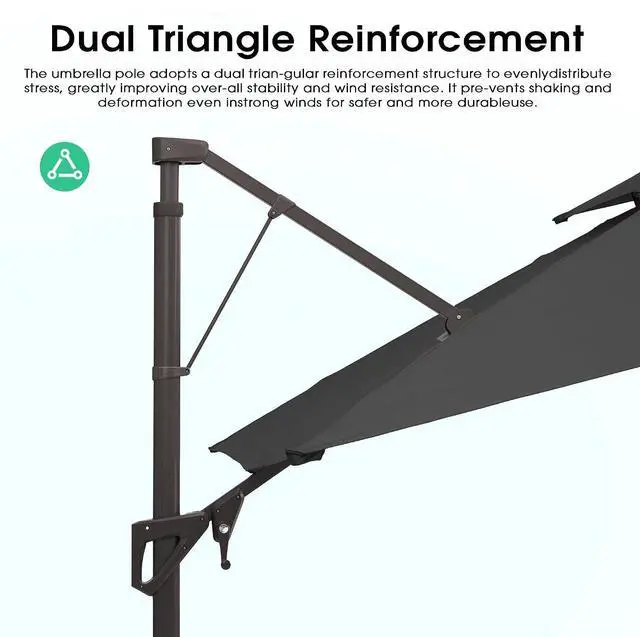 Alt view image 3 of 7 - JEAREY 11x11 ft 2-Tier Cantilever Patio Umbrella, Outdoor Offset Umbrella | Large Square Outdoor Offset Umbrella with Double Top Vent and 360-degree Rotation for Garden, Deck, Pool, Patio, Gray