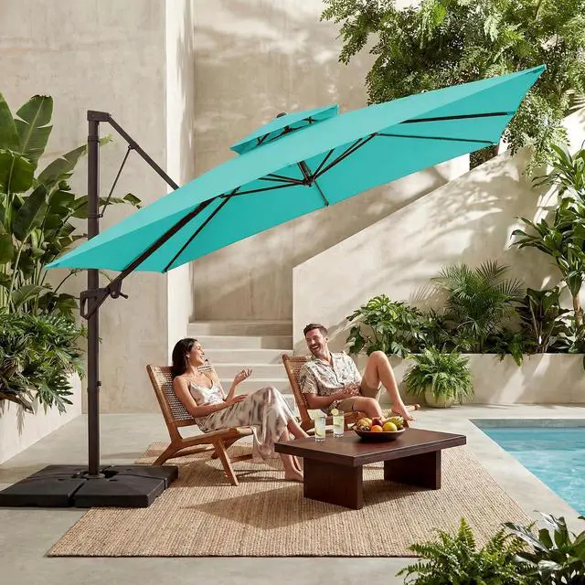 Alt view image 2 of 7 - JEAREY 11x11 ft 2-Tier Cantilever Patio Umbrella, Large Square Outdoor Offset Umbrella with Double Top Vent and 360-degree Rotation for Garden, Deck, Pool, Patio, Peacock Blue