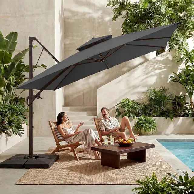 Alt view image 2 of 7 - JEAREY 11x11 ft 2-Tier Cantilever Patio Umbrella, Outdoor Offset Umbrella | Large Square Outdoor Offset Umbrella with Double Top Vent and 360-degree Rotation for Garden, Deck, Pool, Patio, Gray