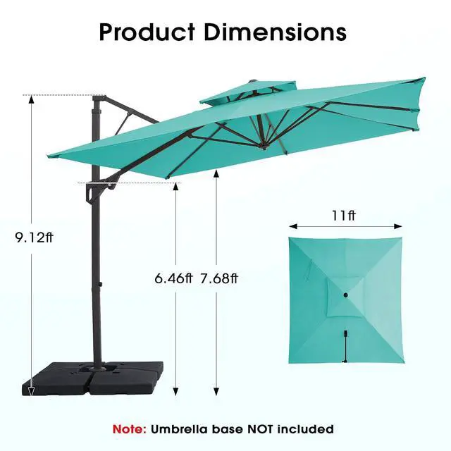 Alt view image 7 of 7 - JEAREY 11x11 ft 2-Tier Cantilever Patio Umbrella, Large Square Outdoor Offset Umbrella with Double Top Vent and 360-degree Rotation for Garden, Deck, Pool, Patio, Peacock Blue