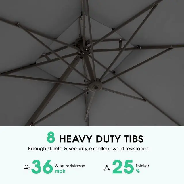 Alt view image 3 of 7 - JEAREY 10x10 ft 2-Tier Cantilever Patio Umbrella, Outdoor Offset Umbrella | Large Square Outdoor Offset Umbrella with Double Top Vent and 360-degree Rotation for Garden, Deck, Pool, Patio, Gray
