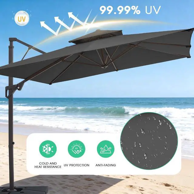 Alt view image 6 of 7 - JEAREY 11x11 ft 2-Tier Cantilever Patio Umbrella, Outdoor Offset Umbrella | Large Square Outdoor Offset Umbrella with Double Top Vent and 360-degree Rotation for Garden, Deck, Pool, Patio, Gray