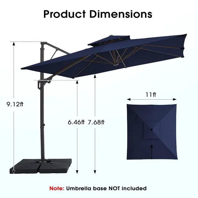 Alt view image 3 of 7 - JEAREY 11x11 ft 2-Tier Cantilever Patio Umbrella, Outdoor Offset Umbrella | Large Square Outdoor Offset Umbrella with Double Top Vent and 360-degree Rotation for Garden, Deck, Pool, Patio, Navy