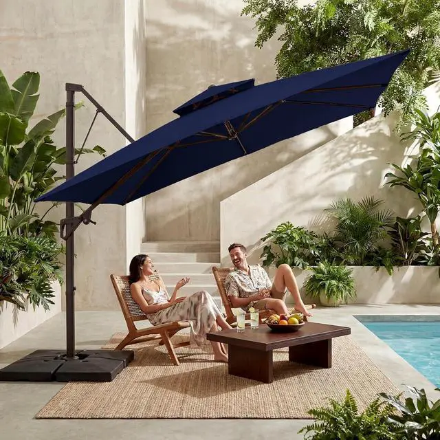 Alt view image 2 of 7 - JEAREY 11x11 ft 2-Tier Cantilever Patio Umbrella, Outdoor Offset Umbrella | Large Square Outdoor Offset Umbrella with Double Top Vent and 360-degree Rotation for Garden, Deck, Pool, Patio, Navy