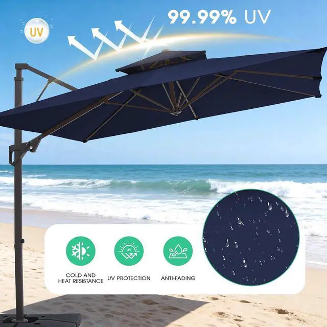 Alt view image 3 of 7 - JEAREY 10 FT Cantilever Patio Umbrella, Outdoor Offset Umbrella | Large Square Outdoor Offset Umbrella with Double Top Vent and 360-degree Rotation for Garden, Deck, Pool, Patio, Navy