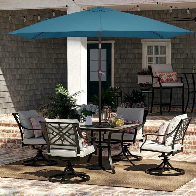 Alt view image 4 of 7 - JEAREY 6.5x10 ft Rectangular Patio Umbrellas Rectangle Outdoor Umbrella with Push Button Tilt and Crank, Market Table Umbrella 6 Sturdy Ribs UV Protection for Poolside Garden Backyard Deck, Lake Blue