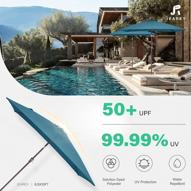 Alt view image 5 of 7 - JEAREY 6.5x10 ft Rectangular Patio Umbrellas Rectangle Outdoor Umbrella with Push Button Tilt and Crank, Market Table Umbrella 6 Sturdy Ribs UV Protection for Poolside Garden Backyard Deck, Lake Blue