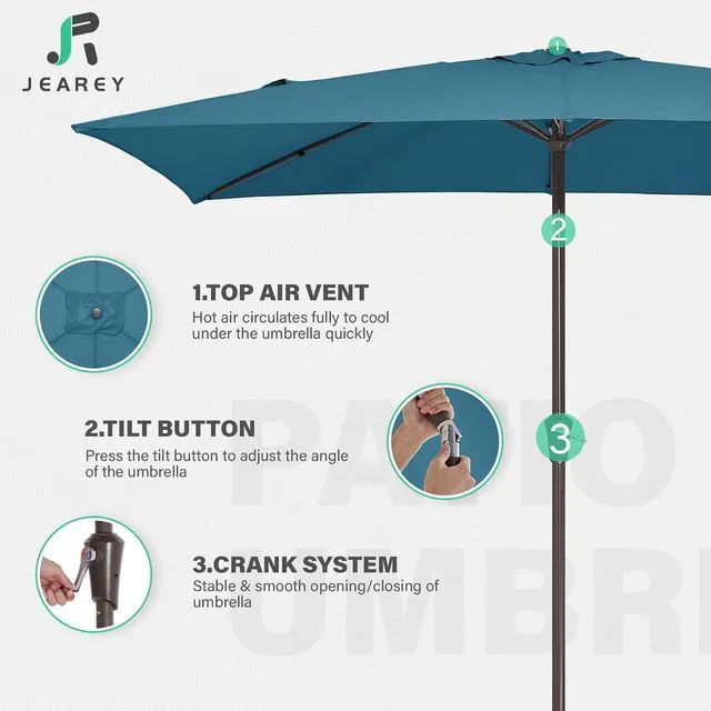 Alt view image 7 of 7 - JEAREY 6.5x10 ft Rectangular Patio Umbrellas Rectangle Outdoor Umbrella with Push Button Tilt and Crank, Market Table Umbrella 6 Sturdy Ribs UV Protection for Poolside Garden Backyard Deck, Lake Blue