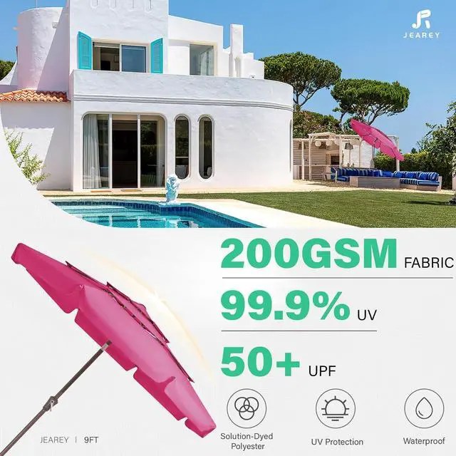 Alt view image 3 of 7 - JEAREY 3 Tiers 9 FT Patio Umbrellas Outdoor Table Umbrella with Push Button Market Umbrella 8 Sturdy Ribs UV Protection Waterproof for Garden,Pink