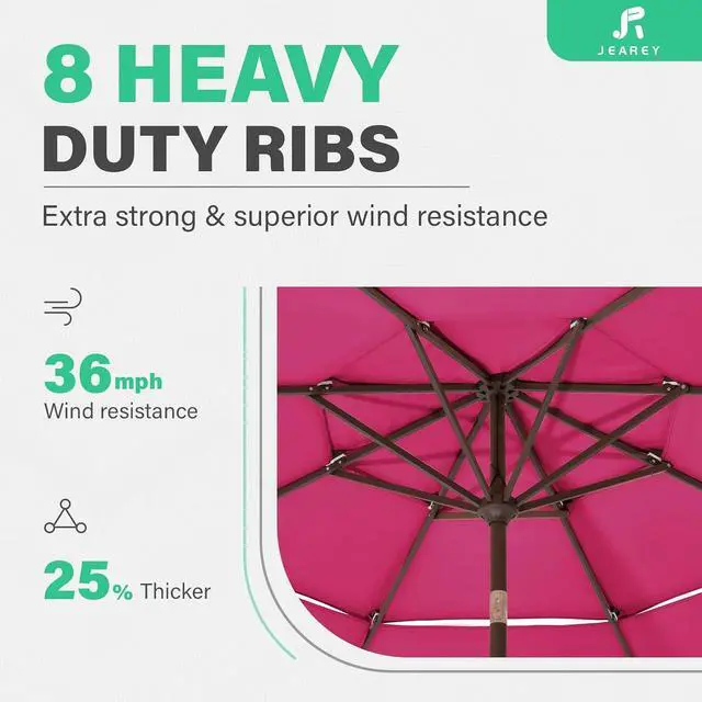 Alt view image 4 of 7 - JEAREY 3 Tiers 9 FT Patio Umbrellas Outdoor Table Umbrella with Push Button Market Umbrella 8 Sturdy Ribs UV Protection Waterproof for Garden,Pink