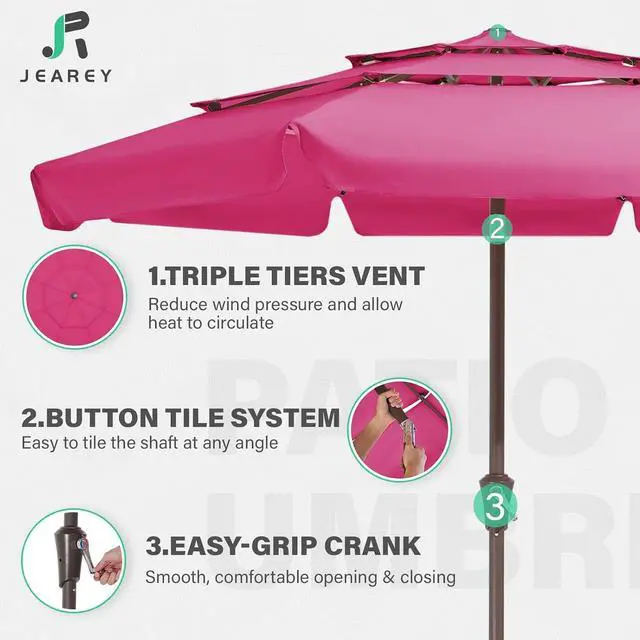 Alt view image 6 of 7 - JEAREY 3 Tiers 9 FT Patio Umbrellas Outdoor Table Umbrella with Push Button Market Umbrella 8 Sturdy Ribs UV Protection Waterproof for Garden,Pink