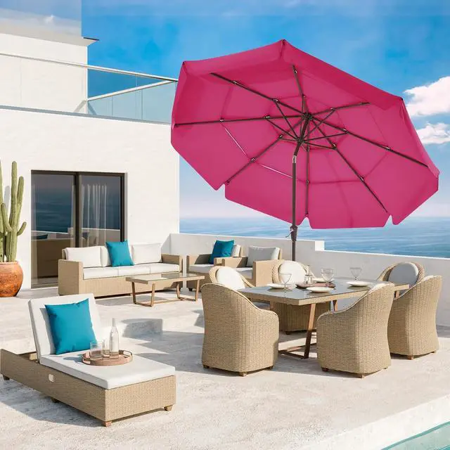 Alt view image 7 of 7 - JEAREY 3 Tiers 9 FT Patio Umbrellas Outdoor Table Umbrella with Push Button Market Umbrella 8 Sturdy Ribs UV Protection Waterproof for Garden,Pink