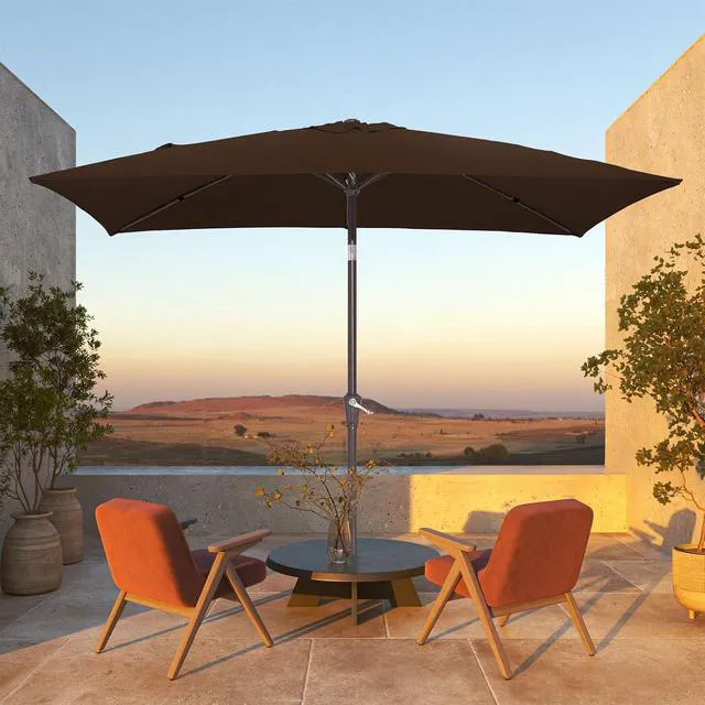 Alt view image 2 of 7 - JEAREY 6.5x10 ft Rectangular Patio Umbrellas Rectangle Outdoor Umbrella with Push Button Tilt and Crank, Market Table Umbrella 6 Sturdy Ribs UV Protection for Poolside Garden Backyard Deck, Brown