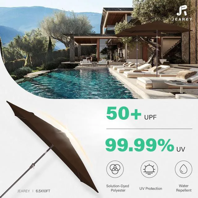 Alt view image 5 of 7 - JEAREY 6.5x10 ft Rectangular Patio Umbrellas Rectangle Outdoor Umbrella with Push Button Tilt and Crank, Market Table Umbrella 6 Sturdy Ribs UV Protection for Poolside Garden Backyard Deck, Brown