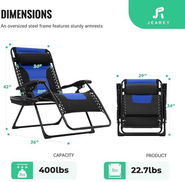 Alt view image 3 of 7 - JEAREY Zero Gravity Chair, Oversized Padded Recliner - Black/Blue | 400 lbs Capacity, 29" Wide Padded Seat, 90170° Locking Recline, Foldable Steel Frame w/Headrest & Side Tray for Patio, Beach