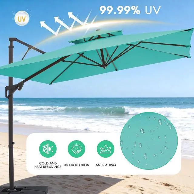 Alt view image 4 of 7 - JEAREY 9x9 ft 2-Tier Cantilever Patio Umbrella, Outdoor Offset Umbrella | Large Square Outdoor Offset Umbrella with Double Top Vent and 360-degree Rotation for Garden, Deck, Pool, Patio, Peacock Blue