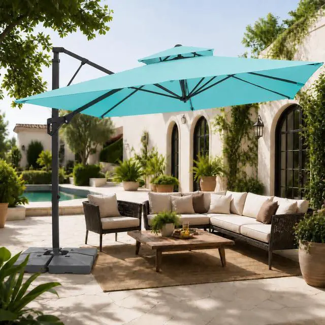 Alt view image 2 of 7 - JEAREY 9x9 ft 2-Tier Cantilever Patio Umbrella, Outdoor Offset Umbrella | Large Square Outdoor Offset Umbrella with Double Top Vent and 360-degree Rotation for Garden, Deck, Pool, Patio, Peacock Blue