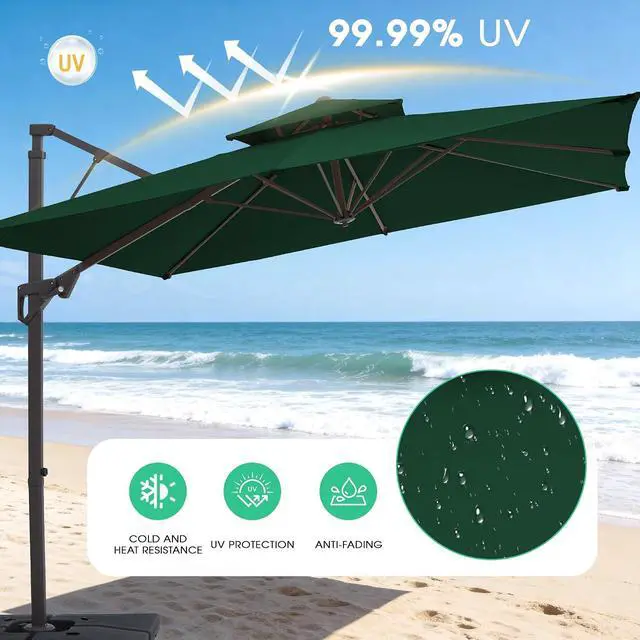 Alt view image 6 of 7 - JEAREY 11x11 ft 2-Tier Cantilever Patio Umbrella, Outdoor Offset Umbrella | Large Square Outdoor Offset Umbrella with Double Top Vent and 360-degree Rotation for Garden, Deck, Pool, Patio, Dark Green