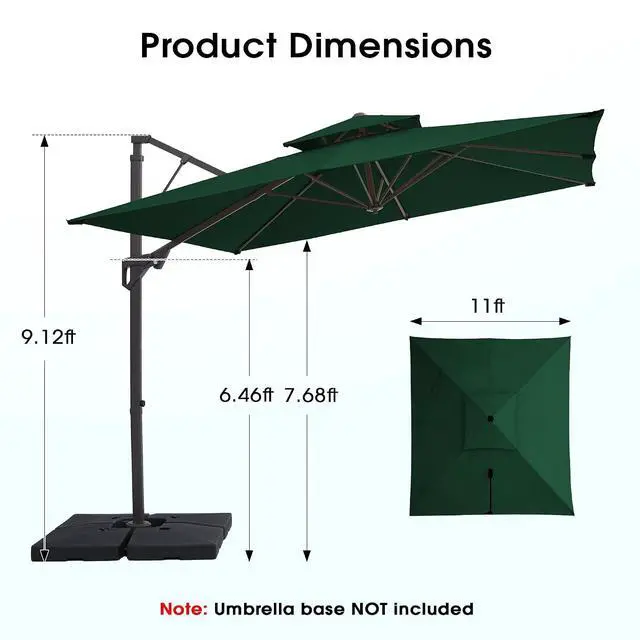 Alt view image 7 of 7 - JEAREY 11x11 ft 2-Tier Cantilever Patio Umbrella, Outdoor Offset Umbrella | Large Square Outdoor Offset Umbrella with Double Top Vent and 360-degree Rotation for Garden, Deck, Pool, Patio, Dark Green