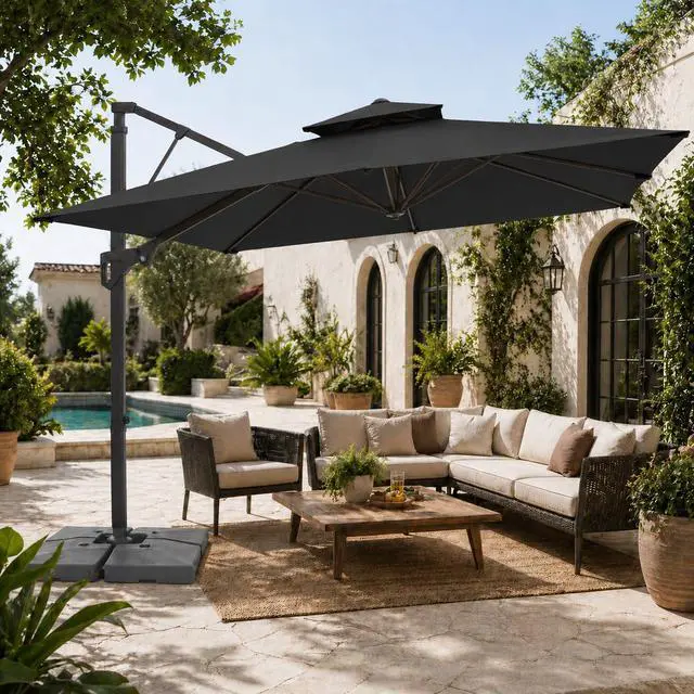 Alt view image 2 of 7 - JEAREY 9x9 ft 2-Tier Cantilever Patio Umbrella, Outdoor Offset Umbrella | Large Square Outdoor Offset Umbrella with Double Top Vent and 360-degree Rotation for Garden, Deck, Pool, Patio, Gray