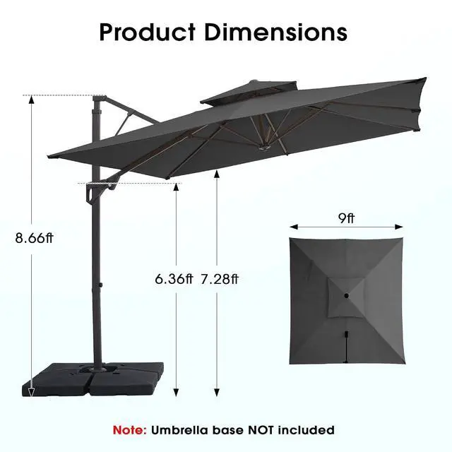 Alt view image 3 of 7 - JEAREY 9x9 ft 2-Tier Cantilever Patio Umbrella, Outdoor Offset Umbrella | Large Square Outdoor Offset Umbrella with Double Top Vent and 360-degree Rotation for Garden, Deck, Pool, Patio, Gray