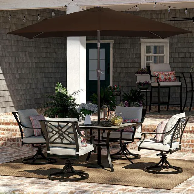 Alt view image 4 of 7 - JEAREY 6.5x10 ft Rectangular Patio Umbrellas Rectangle Outdoor Umbrella with Push Button Tilt and Crank, Market Table Umbrella 6 Sturdy Ribs UV Protection for Poolside Garden Backyard Deck, Brown