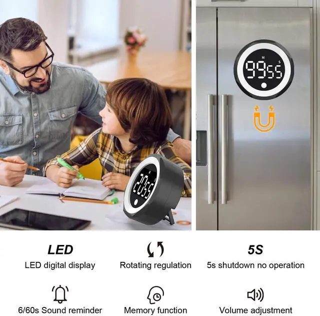 Alt view image 3 of 7 - Self-Discipline Rotating Timer, Magnetic LED Silent Countdown Timer, Mute Vibrant Alert, for Kitchen Cooking, Study, Fitness, Skincare, Task Reminder