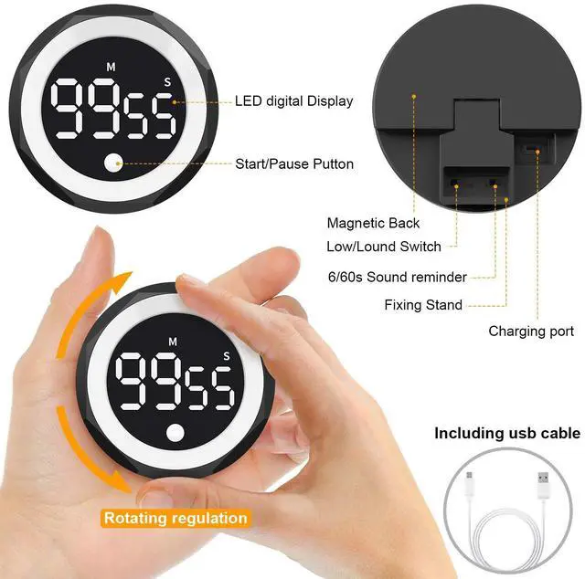 Alt view image 2 of 7 - Self-Discipline Rotating Timer, Magnetic LED Silent Countdown Timer, Mute Vibrant Alert, for Kitchen Cooking, Study, Fitness, Skincare, Task Reminder