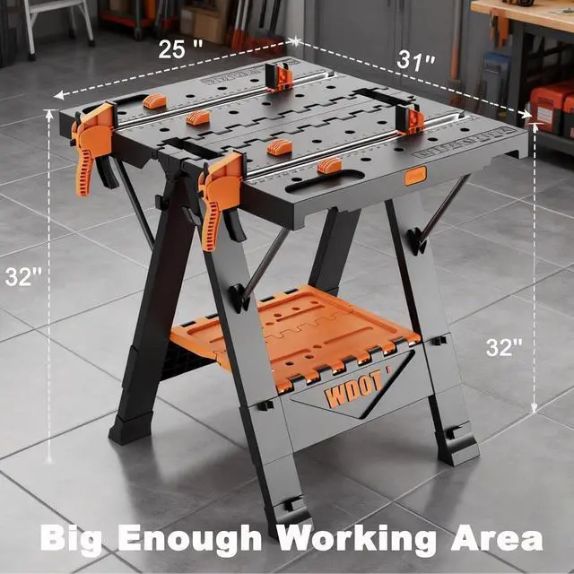 Alt view image 4 of 7 - Work Bench Table 2 in 1 Portable Folding Workbench for Garage Sawhorse 500lbs Mobile Work Table 31" W x 25" D x 32" H with 2 Clamps & 6 Bench Dogs