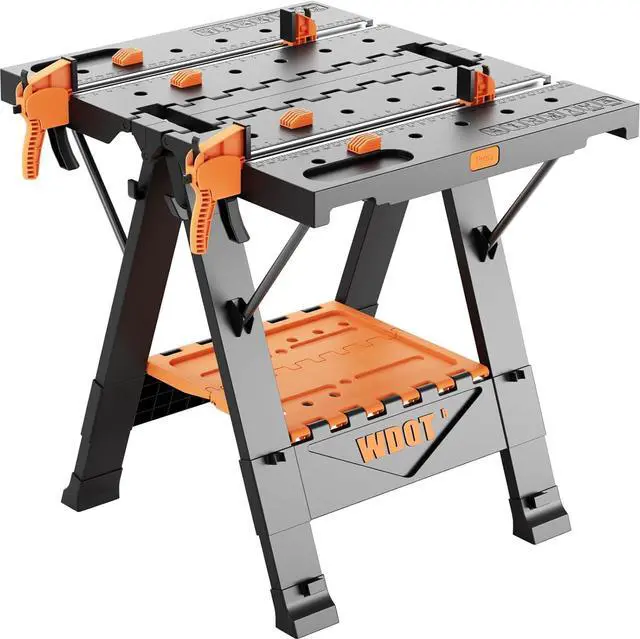 Main image of Work Bench Table 2 in 1 Portable Folding Workbench for Garage Sawhorse 500lbs Mobile Work Table 31" W x 25" D x 32" H with 2 Clamps & 6 Bench Dogs