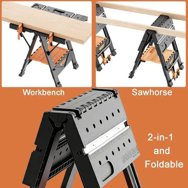 Alt view image 2 of 7 - Work Bench Table 2 in 1 Portable Folding Workbench for Garage Sawhorse 500lbs Mobile Work Table 31" W x 25" D x 32" H with 2 Clamps & 6 Bench Dogs