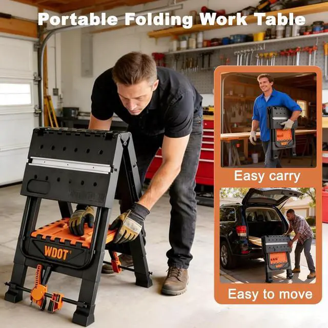 Alt view image 6 of 7 - Work Bench Table 2 in 1 Portable Folding Workbench for Garage Sawhorse 500lbs Mobile Work Table 31" W x 25" D x 32" H with 2 Clamps & 6 Bench Dogs