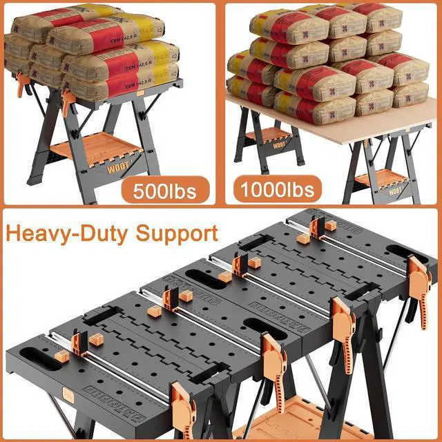 Alt view image 5 of 7 - Work Bench Table 2 in 1 Portable Folding Workbench for Garage Sawhorse 500lbs Mobile Work Table 31" W x 25" D x 32" H with 2 Clamps & 6 Bench Dogs