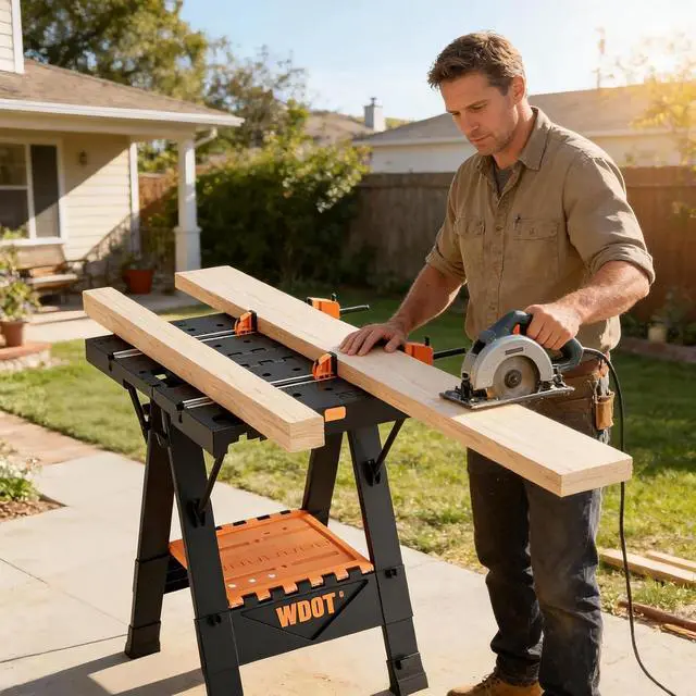 Alt view image 3 of 7 - Work Bench Table 2 in 1 Portable Folding Workbench for Garage Sawhorse 500lbs Mobile Work Table 31" W x 25" D x 32" H with 2 Clamps & 6 Bench Dogs
