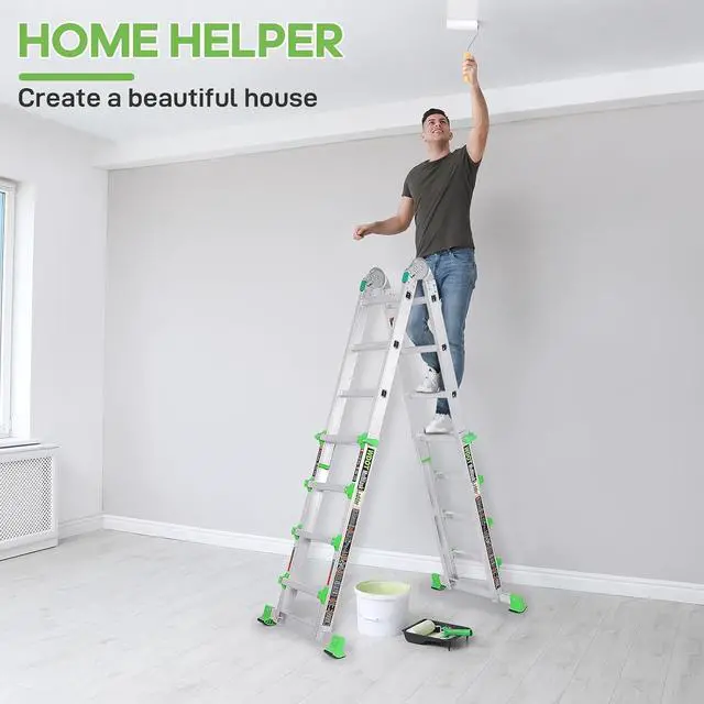 Alt view image 3 of 7 - Ladder, Extension Ladders for Home Stairs 14 Ft, 4 Step Multi Position A Frame Ladder with Stabilizer Bar, Compact Folding, 330 lbs Telescopic Aluminum Adjustable Ladders, Escaleras para Casa