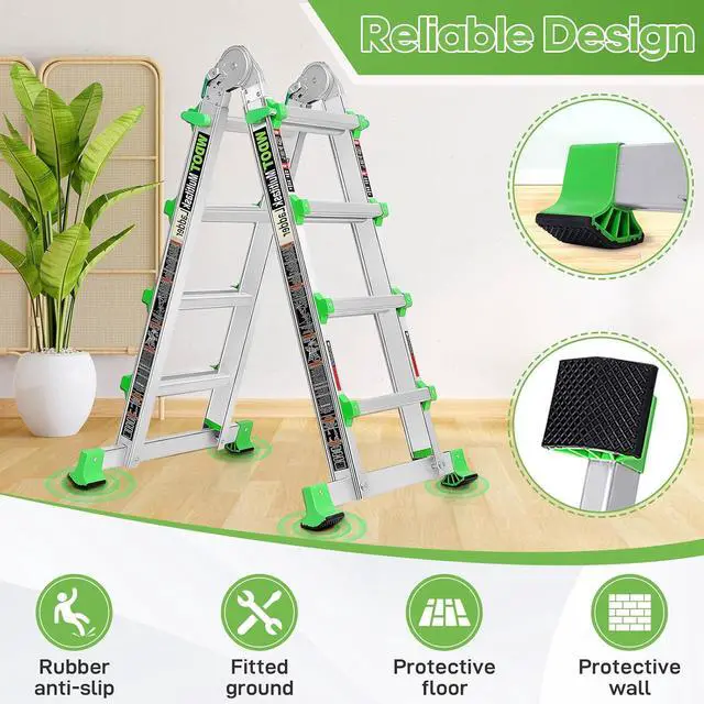 Alt view image 6 of 7 - Ladder, Extension Ladders for Home Stairs 14 Ft, 4 Step Multi Position A Frame Ladder with Stabilizer Bar, Compact Folding, 330 lbs Telescopic Aluminum Adjustable Ladders, Escaleras para Casa