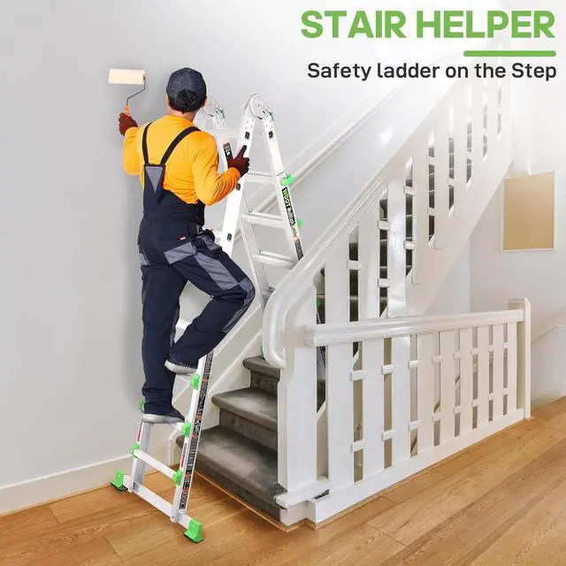 Alt view image 2 of 7 - Ladder, Extension Ladders for Home Stairs 14 Ft, 4 Step Multi Position A Frame Ladder with Stabilizer Bar, Compact Folding, 330 lbs Telescopic Aluminum Adjustable Ladders, Escaleras para Casa