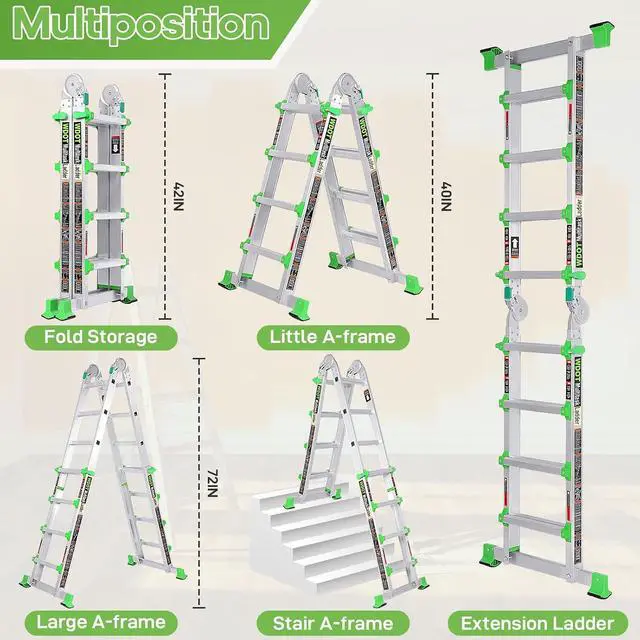 Alt view image 5 of 7 - Ladder, Extension Ladders for Home Stairs 14 Ft, 4 Step Multi Position A Frame Ladder with Stabilizer Bar, Compact Folding, 330 lbs Telescopic Aluminum Adjustable Ladders, Escaleras para Casa