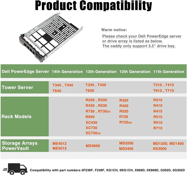 Alt view image 2 of 7 - 2-Pack Hard Drive Tray Caddy 3.5 SSD Caddy F238F 0F238F SAS SATA Hard Drive Bracket Compatible for Dell Poweredge T330 T430 T630 R230 R330 R430 R530 R630 R730 R730XD R930