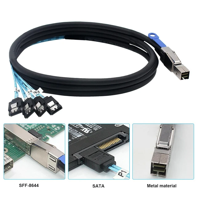 Alt view image 2 of 5 - 2PCS SFF-8644 to 4 Sata 7 Pin Cable External Mini SAS HD SFF-8644 to 4 Port SATA Cable, Hard Disk Data Server Raid Cable 1 Meter 3.2 FT