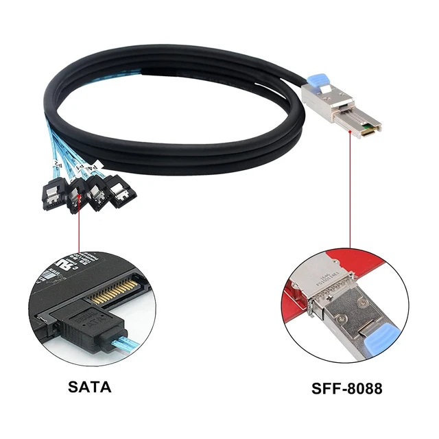 Alt view image 2 of 6 - Mini SAS 26P SFF 8088 Male to 4 SATA 4Pin Female 1M 3.3FTCable with Latch Mini SAS Host/Controller to 4 SATA Target/Backplane