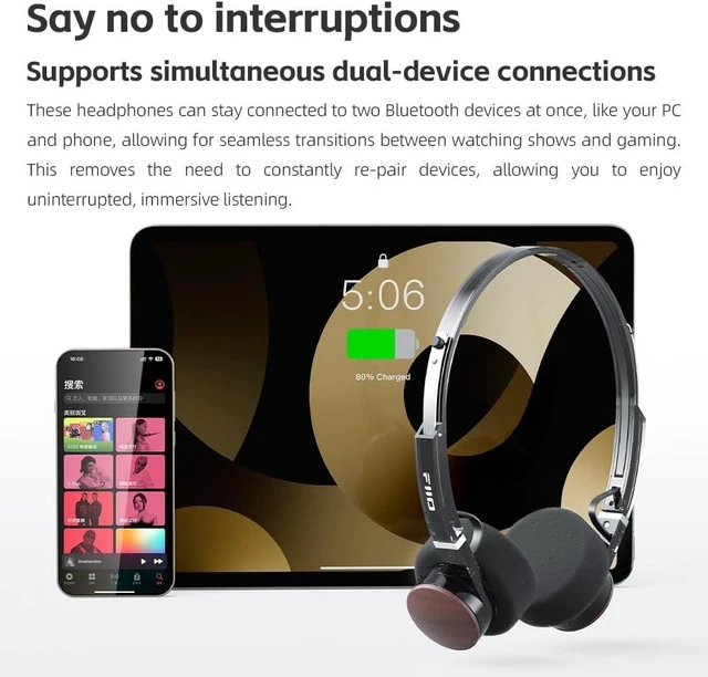Alt view image 4 of 7 - FiiO EH11 Retro On-Ear Bluetooth Headphones, LDAC Hi-Res Wireless, Lightweight 92g, 30H Playtime, Dual Device Connection, App EQ & Gaming Mode, Built-in Mic, Transparent Black burgundy